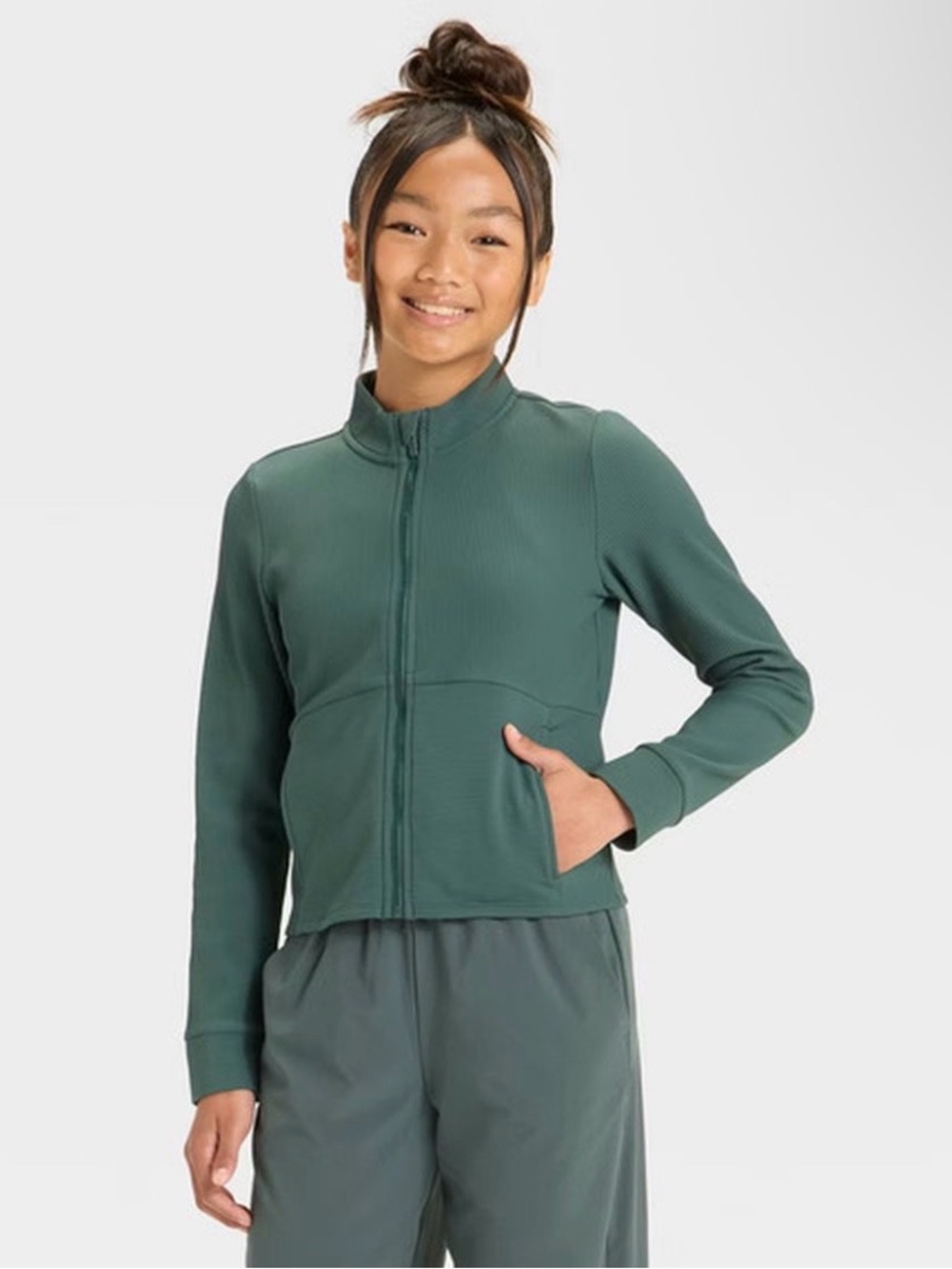 All In Motion Dark Green Ribbed Full Zip Athletic Jacket Girls M 8 (XXS-XS)